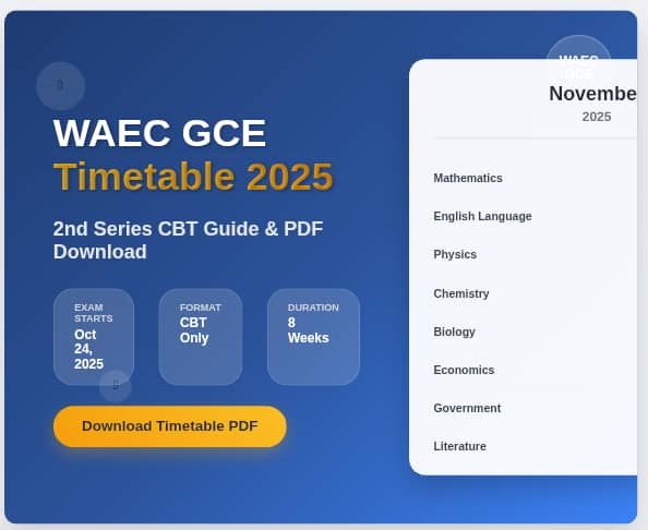 WAEC GCE Timetable 2025 official exam dates October to December calendar